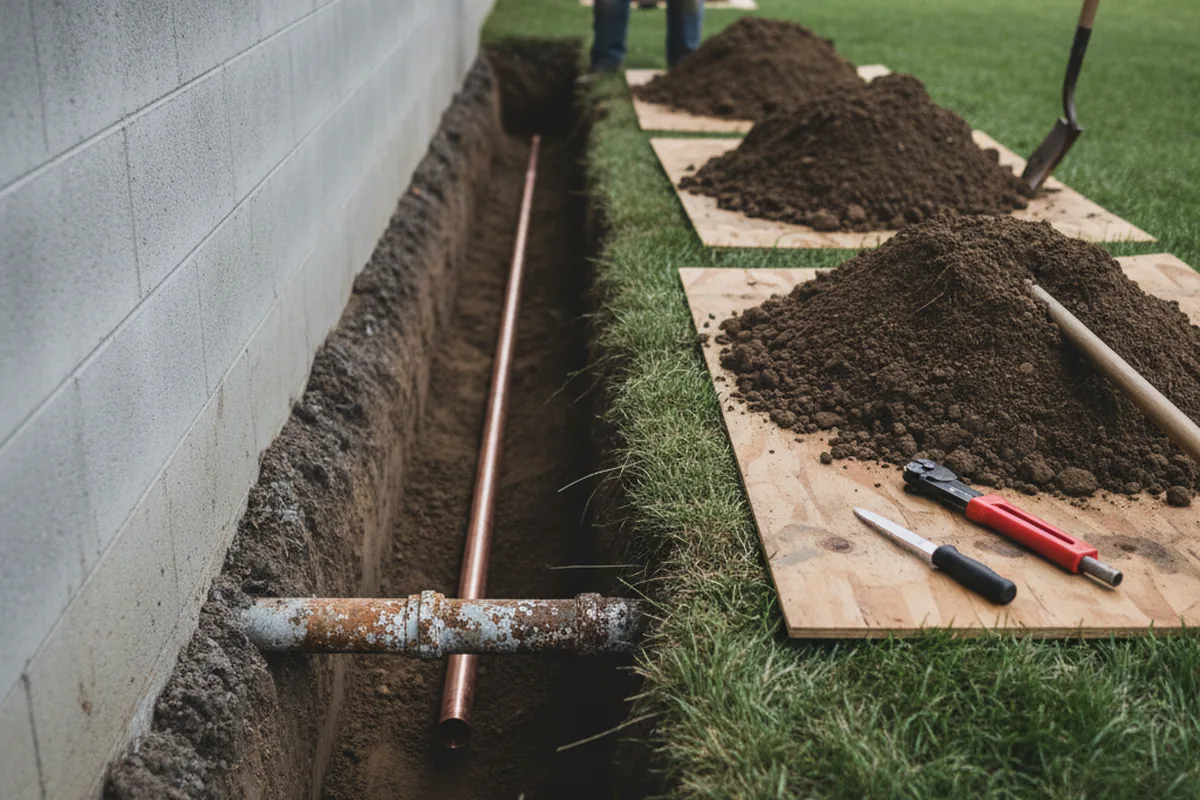 Excavated water line trench during Water Heater Repair in Shelburne Falls